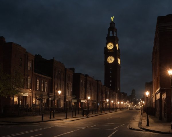 Nighttime Street Scene with Clock Tower and Vintage Lamps