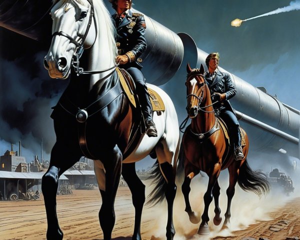 Mounted Soldiers in Dusty Landscape with Pipelines