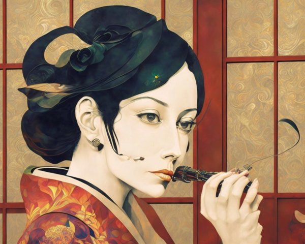 Woman in Traditional Attire with Smoking Pipe