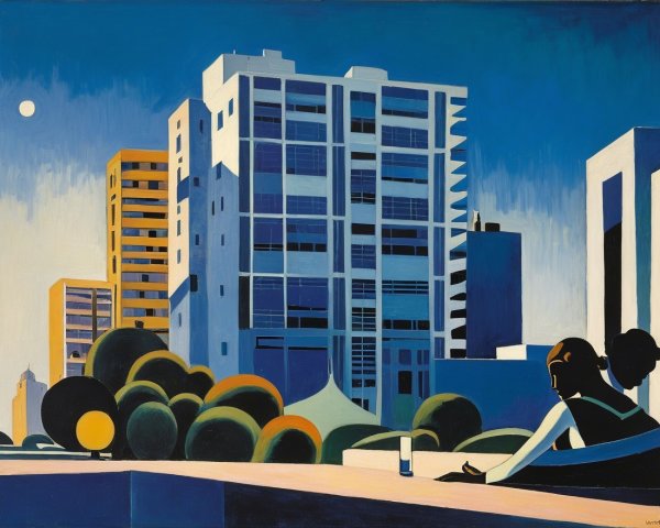 Modern cityscape with figures and lush greenery