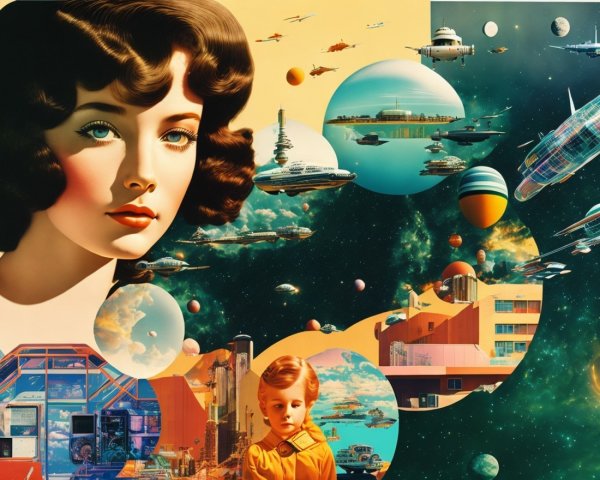 Vibrant Retro-Futuristic Scene with Cosmic Elements