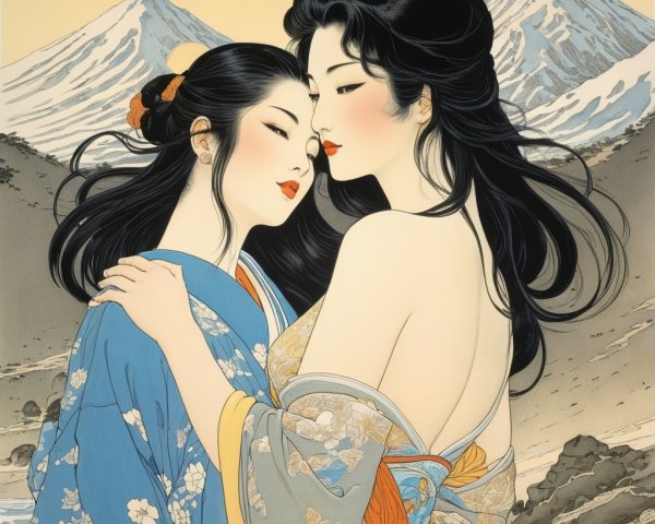 Intimate Embrace of Two Women in Traditional Kimonos