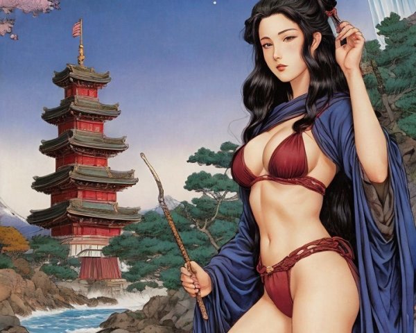Female figure by river with cherry blossoms and pagoda