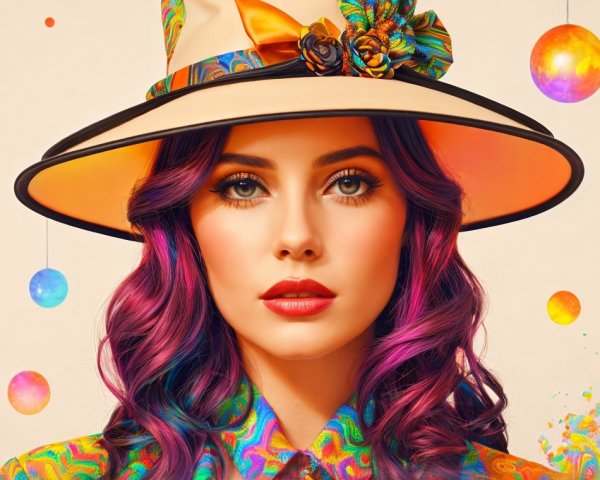 Portrait of a Woman with Purple Hair and Colorful Hat