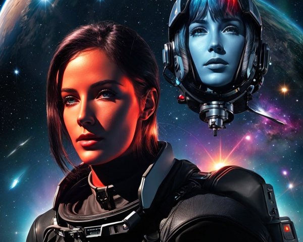 Space-themed scene with astronaut and futuristic figure