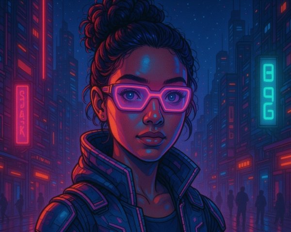 Futuristic cityscape with neon colors and confident woman