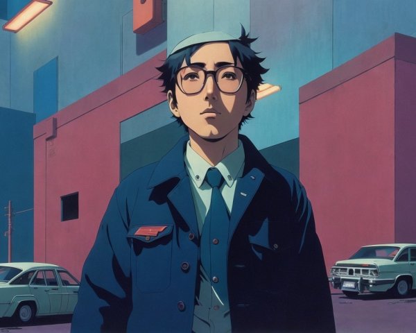 Young man in blue jacket in vibrant urban setting