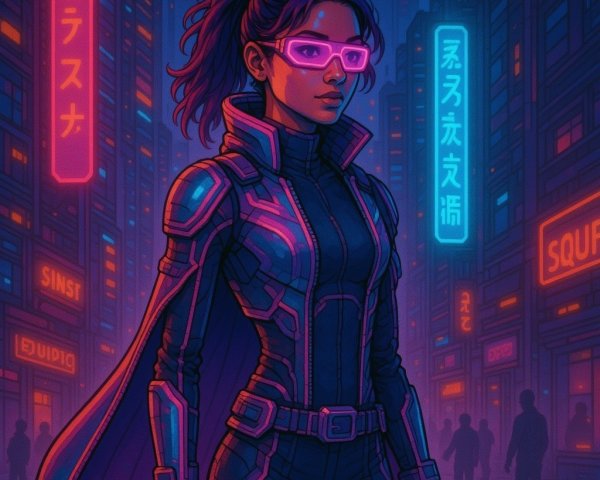 Futuristic Cityscape with Confident Woman in Neon Lights