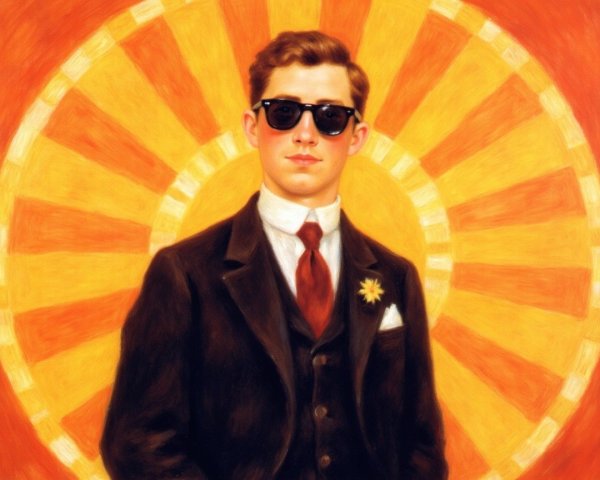 Young man in stylish outfit against sunburst background