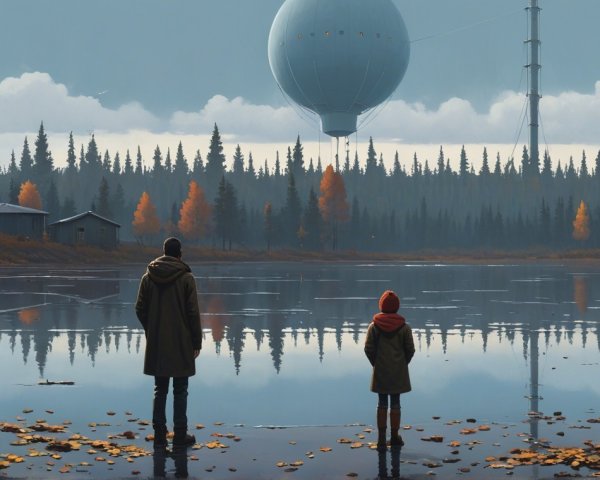 Man and child at lake with futuristic balloon above