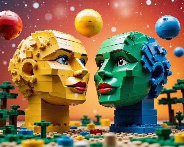Colorful LEGO Heads in Cosmic Playful Scene