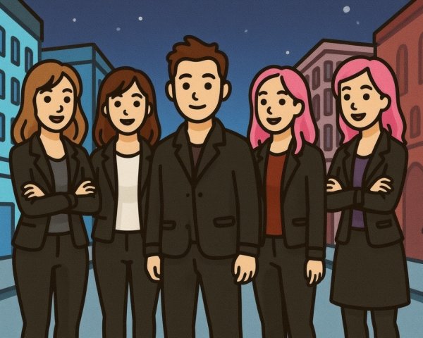 Stylish Group in Black Suits on City Street at Night