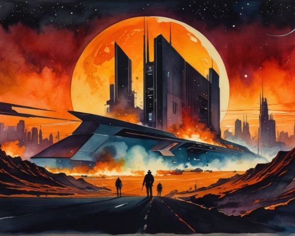 Futuristic Sci-Fi Landscape with Spaceship and Cityscape