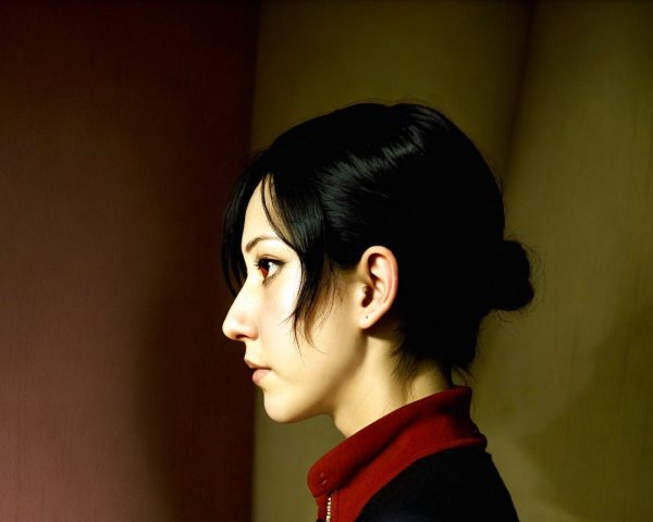 Profile View of Young Woman with Dark Hair and Collar