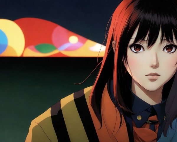 Young woman with black hair and red eyes in stripes