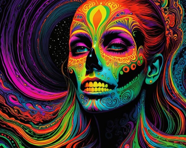 Psychedelic Sugar Skull Face with Colorful Background