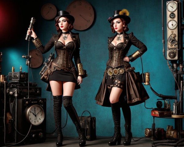 Steampunk Fashion with Stylish Women and Vintage Backdrop