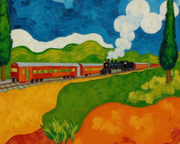 Vibrant Landscape with Steam Train on Winding Track