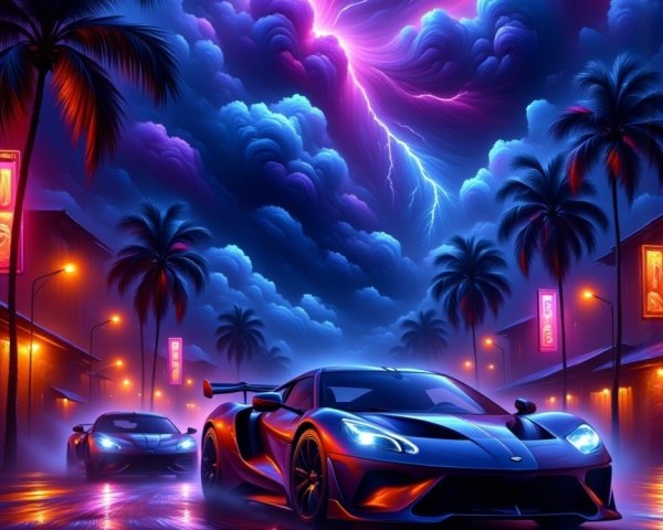 Neon-lit street scene with sports cars and palm trees