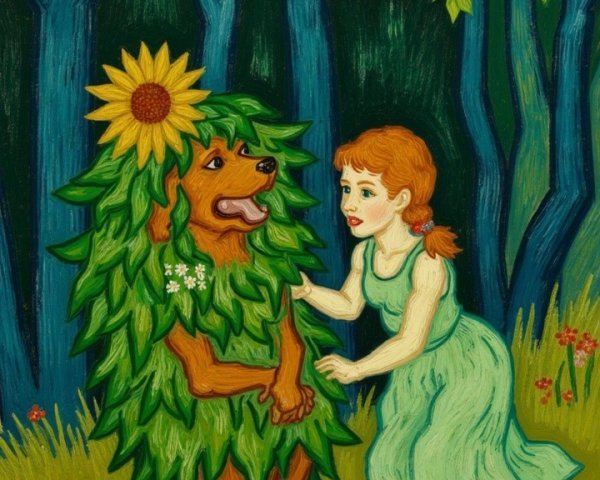 Young Girl and Dog Play in Enchanted Forest Setting