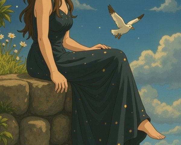 Young Woman in Dark Gown by the Serene Sea