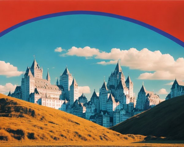 Majestic castle complex with spires and vibrant sky