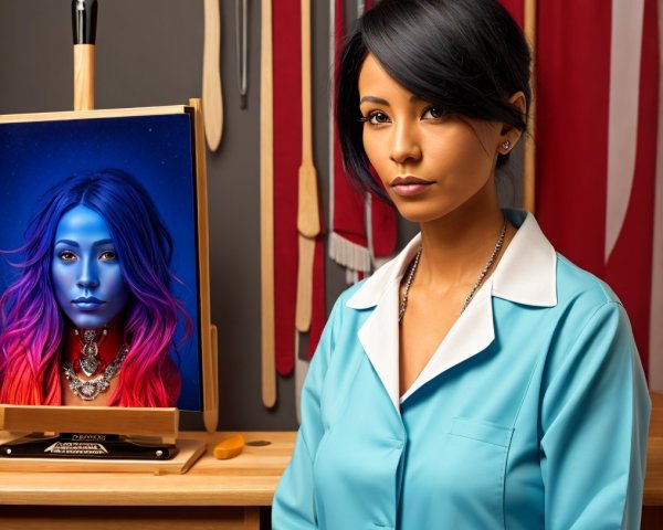 Elegant Woman with Art Easel and Portrait Displayed