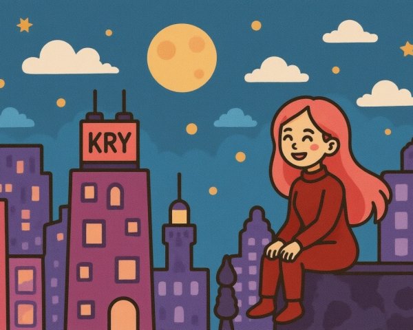 Cheerful girl on rooftop with colorful city skyline