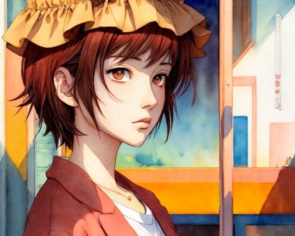 Young woman with short reddish-brown hair in serene scene