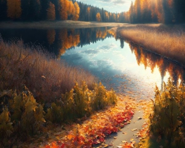 Serene sunset landscape with autumn foliage and river