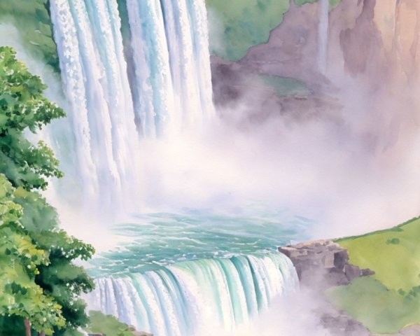 Vibrant Watercolor of Niagara Falls with Lush Greenery