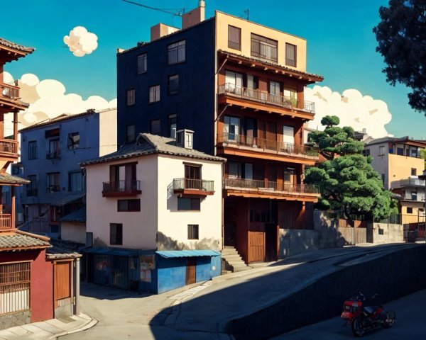 Vibrant Urban Scene with Colorful Buildings and Nature