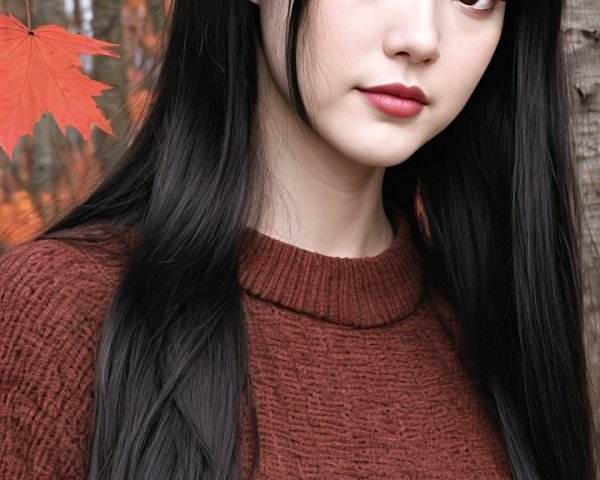 Young woman in cozy sweater amid autumn foliage