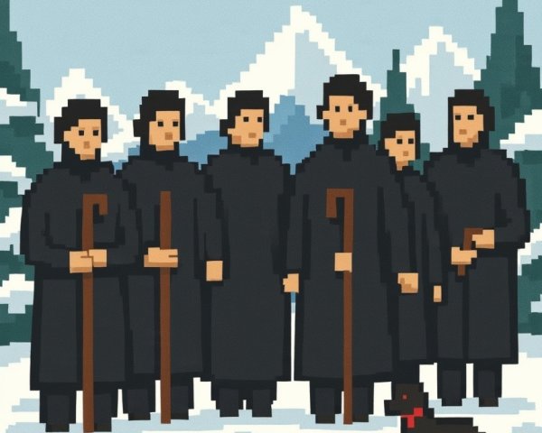 Pixel Art of Figures in Black Coats in Snowy Landscape