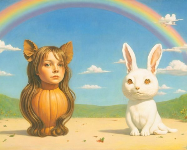Surreal Landscape with Girl, Rabbit, and Pumpkin