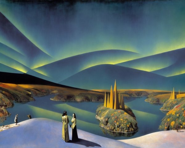 Surreal Landscape with Figures by a Serene Lake