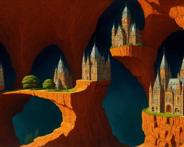 Surreal Landscape with Colorful Castles and Night Sky