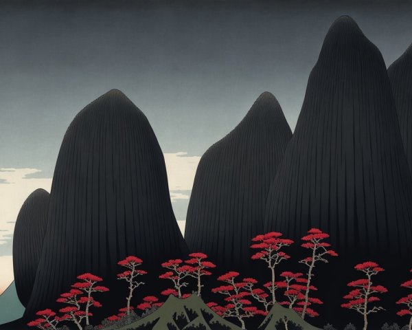 Serene Landscape with Stylized Mountains and Trees