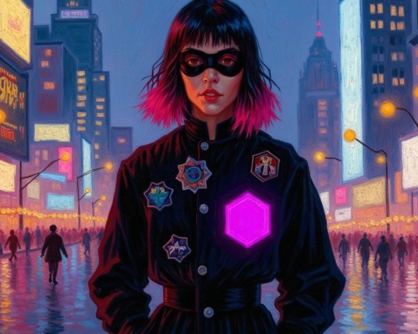 Young woman in neon cityscape with pink hair and mask