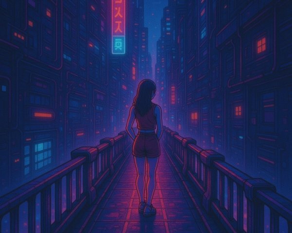 Lone Figure on Dimly Lit Bridge in Futuristic City