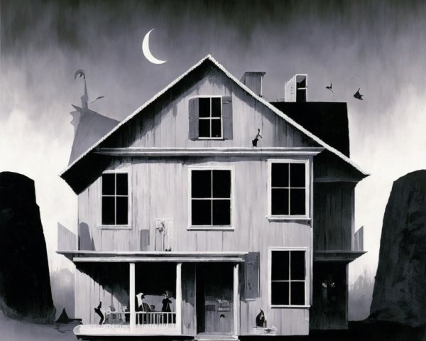 Whimsical Victorian House in Black-and-White Illustration