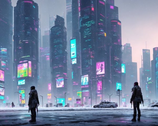 Dystopian Cityscape with Neon Billboards and Snow