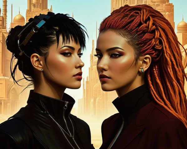 Two Women in Futuristic Cityscape with Bold Styles