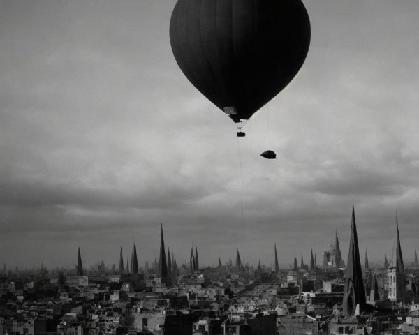 Black Hot Air Balloon Over Urban Cityscape