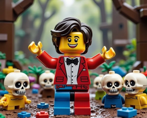Cheerful LEGO Figure in Forest with Skeletons
