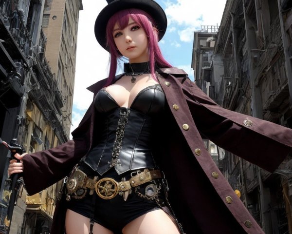 Full-Body View of Female Steampunk Cosplayer in Street