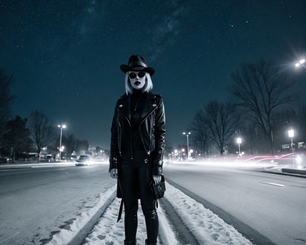 Silhouette on Snowy Street at Night with Starry Sky