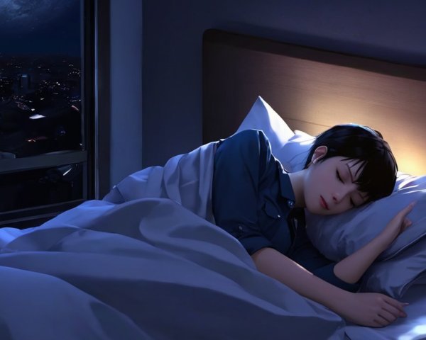 Young woman sleeping in bed with cityscape view