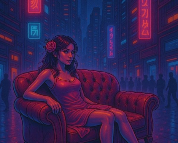 Neon Urban Scene with Woman on Red Couch