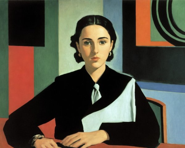 Young Woman at Table with Geometric Background